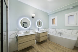 salle de bain, baignoire ilot , couleur, marbre, bois